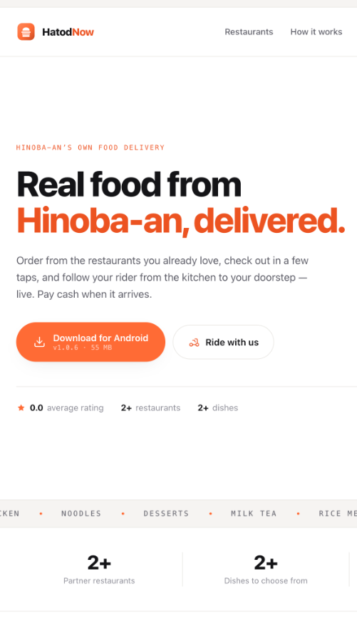 HatodNow, a food delivery platform: its landing page with the Android download call to action