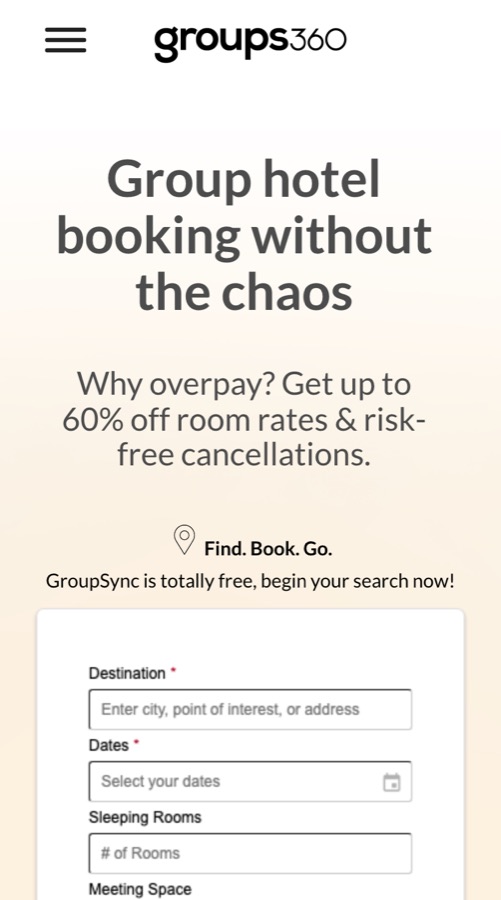 GroupSync, a group hotel booking marketplace: its landing page headline and property search form