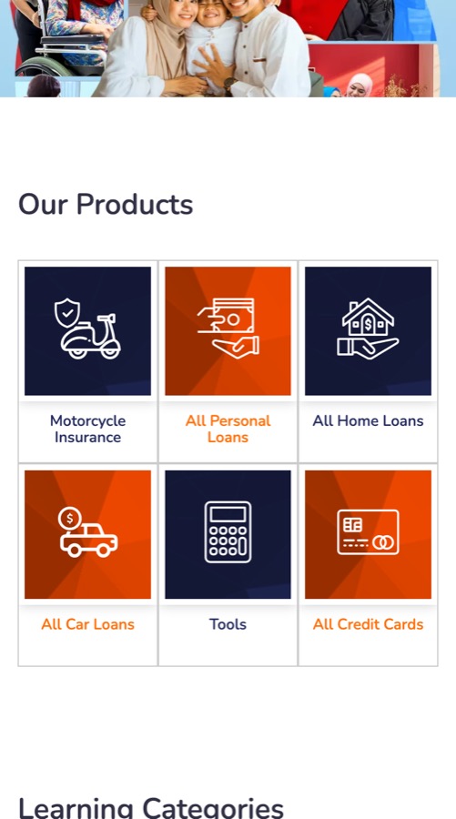 LoanStreet, a Malaysian financial comparison platform: its product grid of personal loans, home loans, car loans, credit cards and insurance